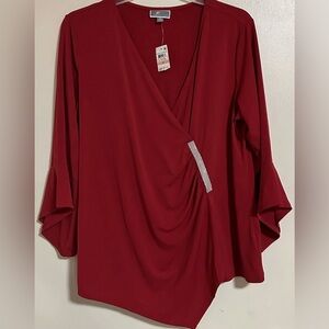 JM Collection Wrap Blouse Women’s Size 2X Red Bell Sleeve New